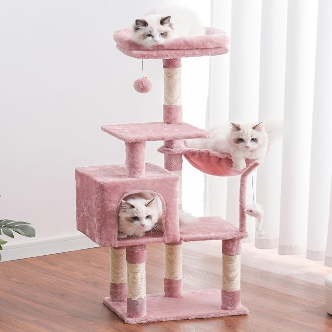 Heybly Cat Tree with Toy, 43.3 inch Cat Tower condo for Indoor Cats, Cat House with Padded Plush Perch, Cozy Hammock and Sisal Scratching Posts, Skin Pink HCT004SP - Image 2