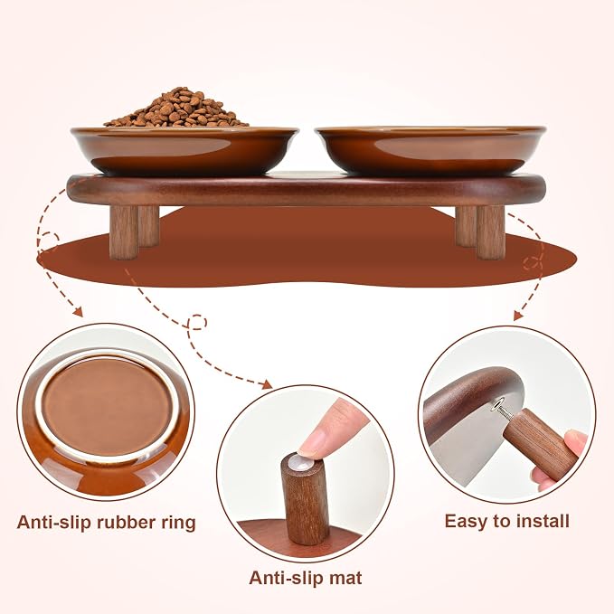 SPUNKYJUNKY Shallow Elevated Cat Bowl with Acacia Wood Stand Wide Raised Ceramic Cat Dishes Whisker Friendly Pet Food and Water Plates (Striped Pattern, Brown) - Image 5