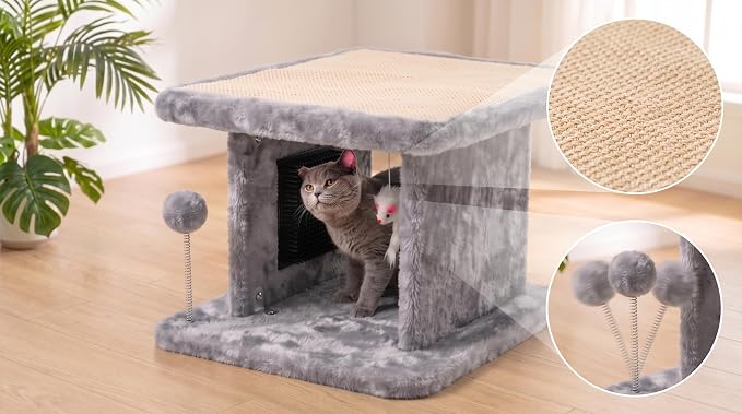 Large Cat Bed with Scratching Post and Combing Board, Sturdy and Durable, Ideal for Small Breeds | Large plush cat tunnel with a removable sisal scratch pad, grooming brush, hanging toys, and spacious hideaway for cats. - Image 5