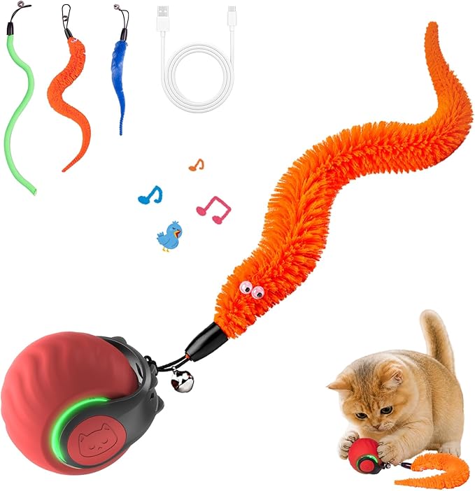 Interactive Cat Toys with Bird Sounds & 3 Speed Modes for Indoor Cats Play | Bird Sounds, 3 Speed Modes, Rechargeable Automatic Rolling, 3 Tails, Fast Charging Ball, For Indoor Cats on Hard Floor Carpet by Geamen