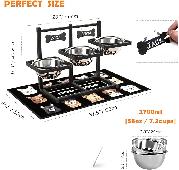 Elevated Dog Bowls for Large Dogs, 6 Height Adjustable Raised Stand with Mat, Two Signature Cards and Three 1700ML Bowls, for Large Breed and Multi-Pet Households - Image 3
