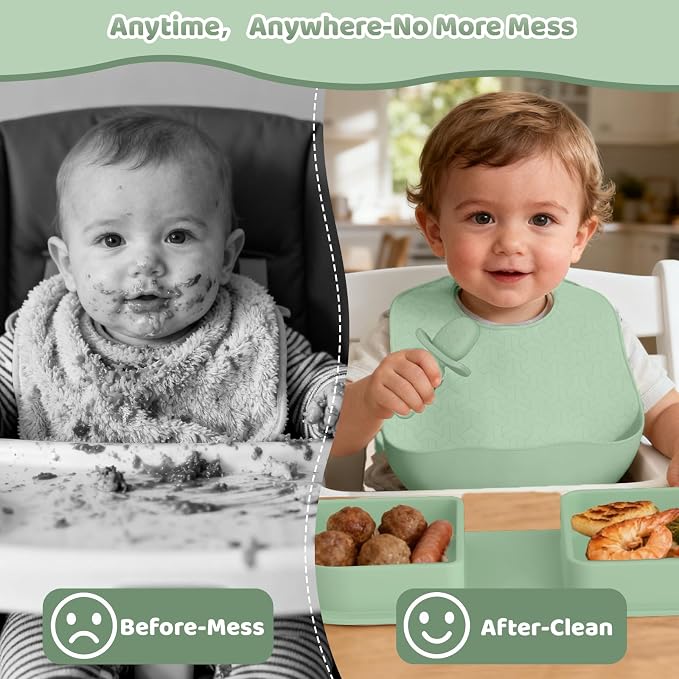 Green Foldable Silicone Baby Feeding Set, Portable Travel Baby Feeding Essentials Including Toddler Plates, Silicone Baby Spoon&Fork, Adjustable Foldable Bib, Portable Infant Toddler Utensils - Image 5