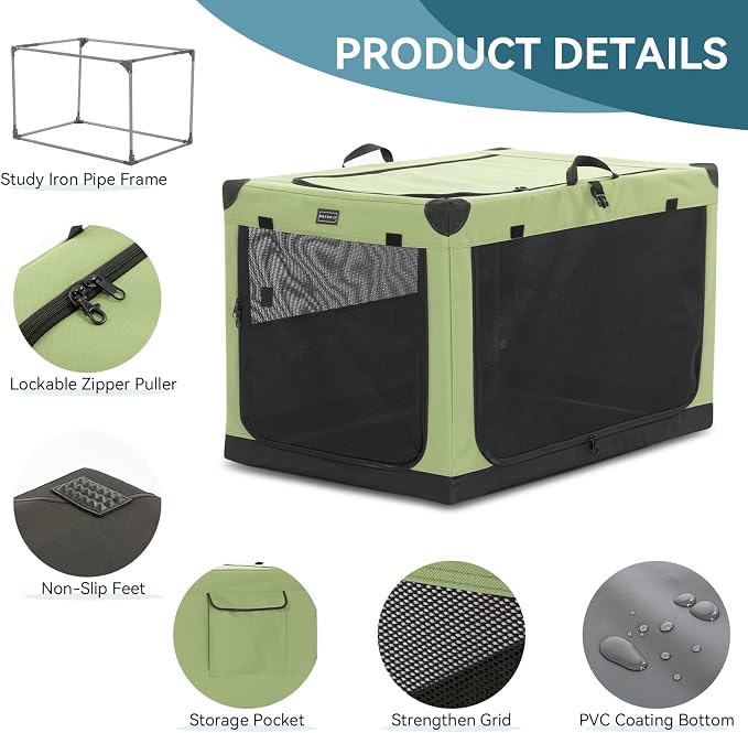 PETSFIT 30" Soft Portable Dog Crate – Patented Spiral Sturdy Frame, Collapsible Travel Kennel for Medium Dogs, 3 Mesh Door, Lockable Zippers, Indoor & Car Use Green - Image 7