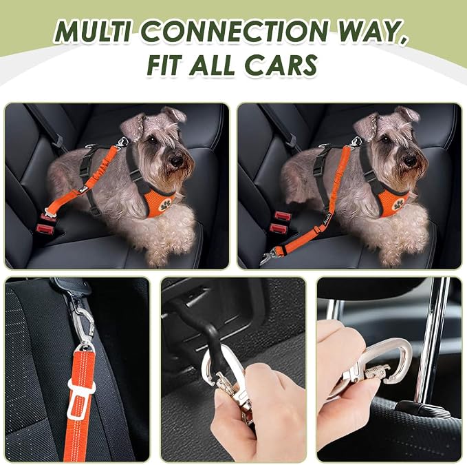 Lukovee Dog Car Harness Seat Belt, Harness & Seatbelt with 2 in 1 Buckle | Adjustable Soft Breathable Mesh Harness, Reflective Elastic Reflective Tether, for Small Medium Large Dogs Pets (Orange, L) - Image 2