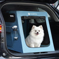 Metal Frame Dog Car Crate, Portable Pet Carrier for Medium Large Dog,Blue,L | Secure with Seatbelt & Headrest Strap,fits Backseat/Trunk,3-Door Mesh Windows,Storage Pockets,Ideal for Road Trips & Travel by SnaglePaw