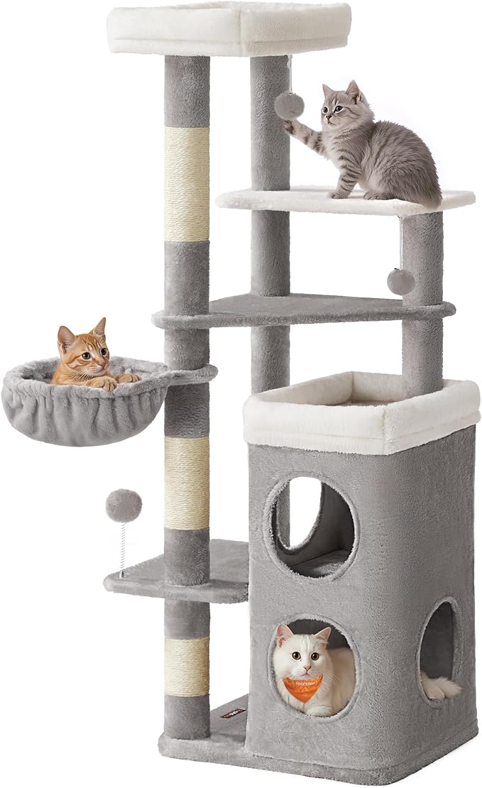 Feandrea Cat Tree Indoor, 60" Multiple-Level Plush Cat Tower, Dove Gray | 2 Caves, 3 Steps, 3 Scratching Posts, 3 Ball Toys, Cat Condo House for Large Adult Cats, UPCT007G01 by FeandreabySONGMICSHOME