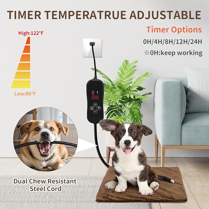 NAMOTEK Pet Heating Pad Adjustable Temperature with Timer, Waterproof Heated Mat with Chew Resistant Cord, Auto Power-Off Electric Indoor Pet Heat Pad for Dogs and Cats - Image 5
