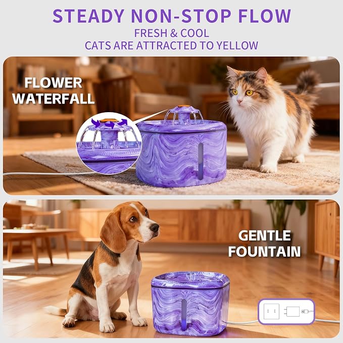 Cat Water Fountain Purple: Automatic Flower Pet Water Fountain for Cats Indoor-84oz/2.5L, Cute Cat Fountain for Drinking, LED Blue Light, Upgraded Ultra Quiet Pump, Gifts for Cats, Dogs (8Filters) - Image 2