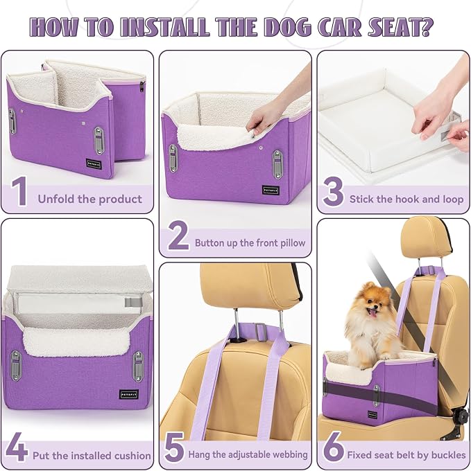 PETSFIT Small Dog Car Seat – Patented Safety Buckles – Safety Tether – Foldable Travel Dog Booster Car Seat Reduces Anxiety & Road Trips – Stable Frame, Soft Cushion, Fits Front/Back Seat (Purple) - Image 8