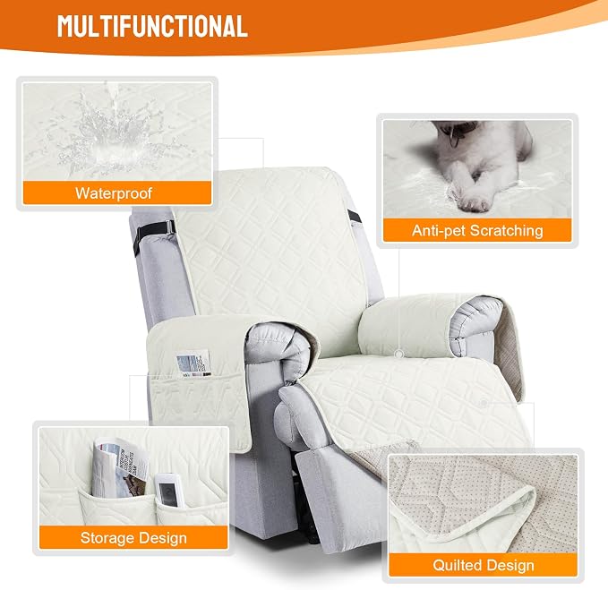 VANSOFY 100% Waterproof Recliner Chair Covers Washable, Off White, 20" | Non-Slip, Slipcover with Pocket, Furniture Protector, Elastic Straps, Chair Cover for Pets, Dogs - Image 4