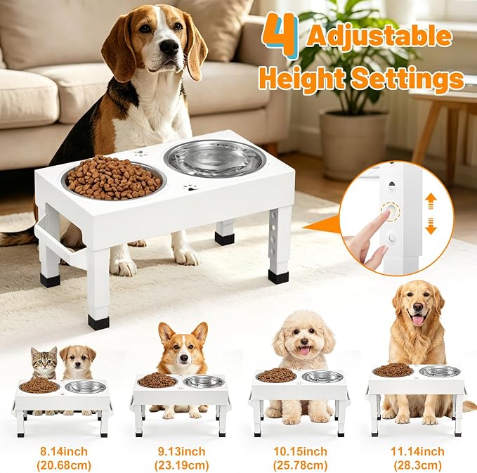 Elevated Dog Bowls Stand Large Breed, Height Adjustable Raised Dog Bowls Holder with 2 Stainless Steel Food Bowls for Small, Medium and Large Canine，White - Image 6