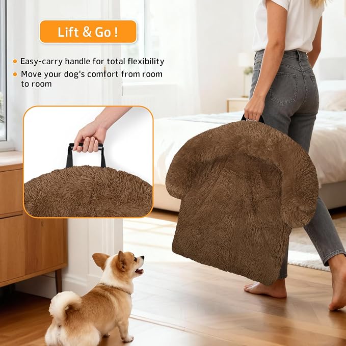 GGIB Calming Dog Bed Fluffy Plush Dog Mat for Furniture Protector with Removable Washable Cover for Large Medium Small Dogs and Cats (Medium, Brown) - Image 3