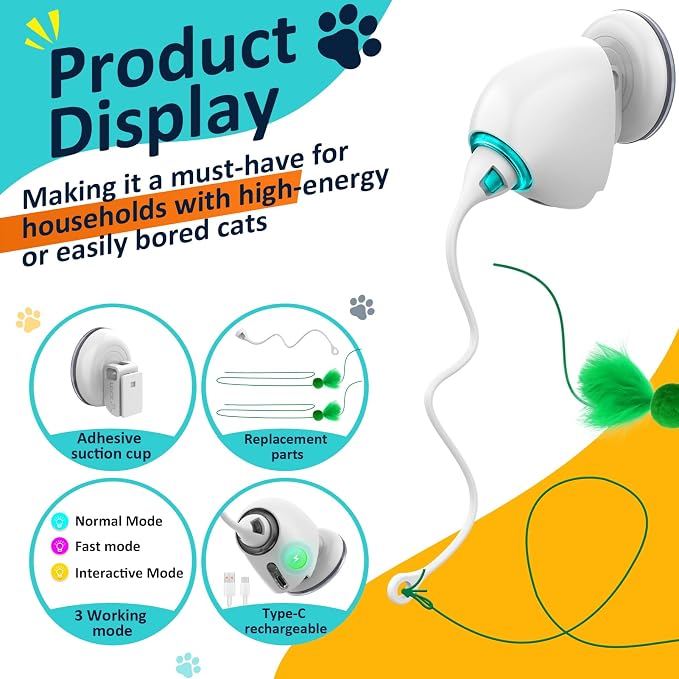 Interactive Cat Toys for Indoor Cats, Automatic Flying Feather Wand, Suction Cup Design, USB Rechargeable, Wall-Mounted Hanging Cat Toys for Bored Indoor Adult Cats - Image 4