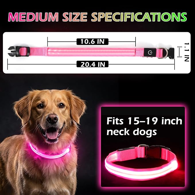 Neon LED Light Up Dog Collar for Night Walking, Rechargeable Safety Glow Illuminated Collar with 3 Modes Flashing, Reflective Adjustable Pet Light for Small/Medium Dogs Puppy 15-19" Neck (Pink) - Image 5