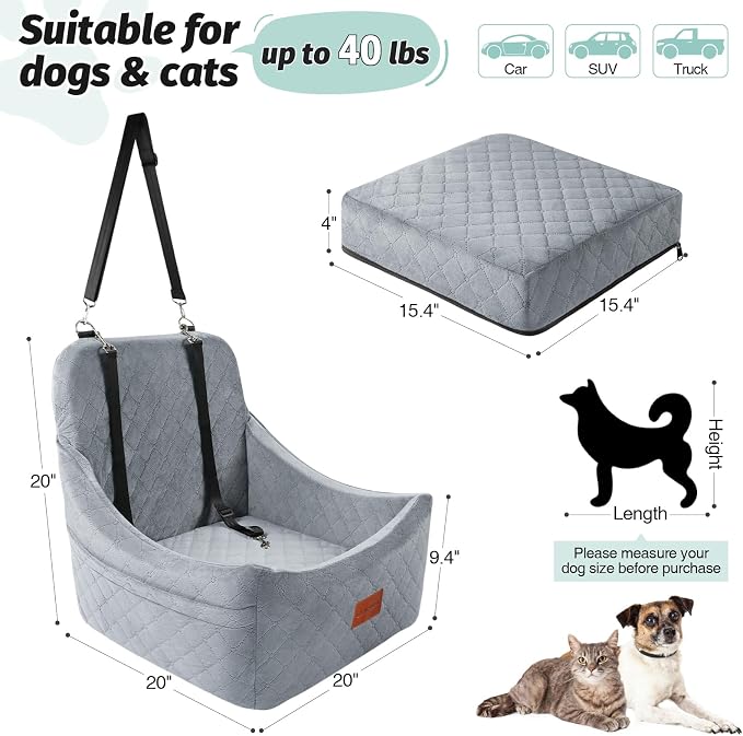 Lealchum Dog Car Seat for Medium Dogs Up to 40lbs,Fully Detachable and Washable,Easy to Install with Adjustable Straps,Anti-Slip Base Travel Car Bed for Pets,2 Side Pockets(Grey,Medium) - Image 2