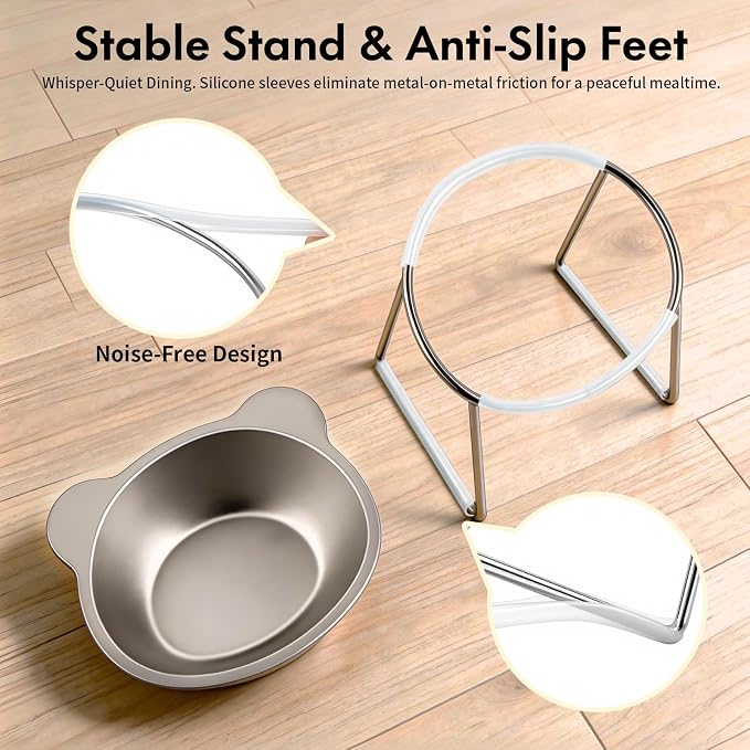 Elevated Cat Bowls with 15° Tilt, Whisker Friendly Raised Cat Food & Water Dishes with Silent Silicone Strip - Anti-Vomiting Small Dog Bowl, 304 Stainless Steel Bowl, Spine Friendly, Dishwasher Safe - Image 3