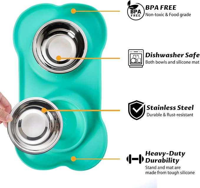 Hubulk Pet Dog Bowls 2 Stainless Steel Dog Bowl with No Spill Non-Skid Silicone Mat + Pet Food Scoop Water and Food Feeder Bowls for Feeding Small Medium Large Dogs Cats Puppies (Medium, Mint Green) - Image 2