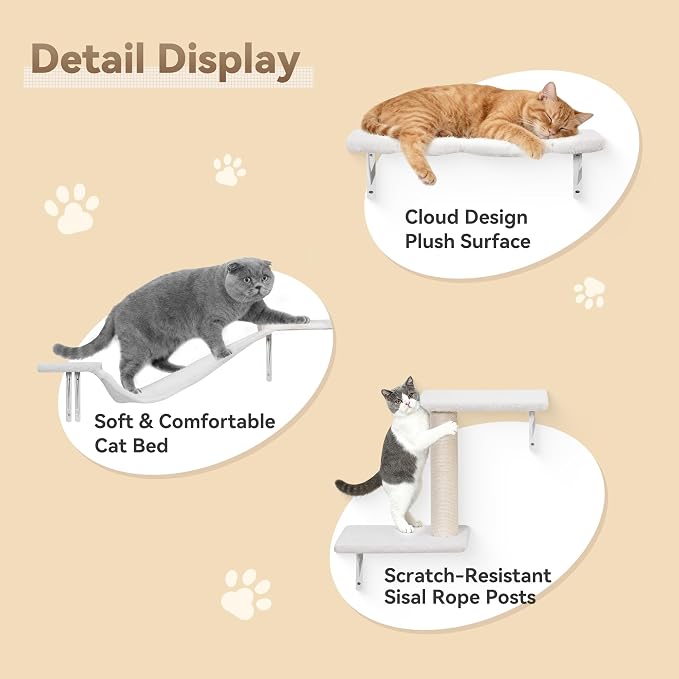 Meecal 6-in-1 Cat Wall Shelves, Wall Mounted Cat Furniture Set, Cat Shelves for Wall with Scratching Posts, Cat Bed & Bridge, Space Saving Cat Climbing Perch for Kittens, White - Image 4