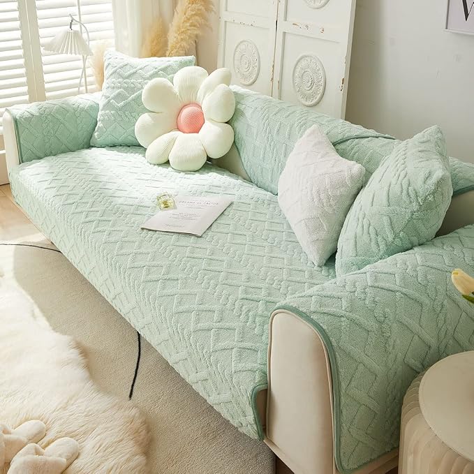 vctops Geometric Jacquard Plush Sofa Couch Covers Farmhouse Neutral Non Slip Sectional Couch Cover Soft Warm Sofa Slipcover for Dogs, Children, Pets Furniture Protector (Green,36"x63") by vctops