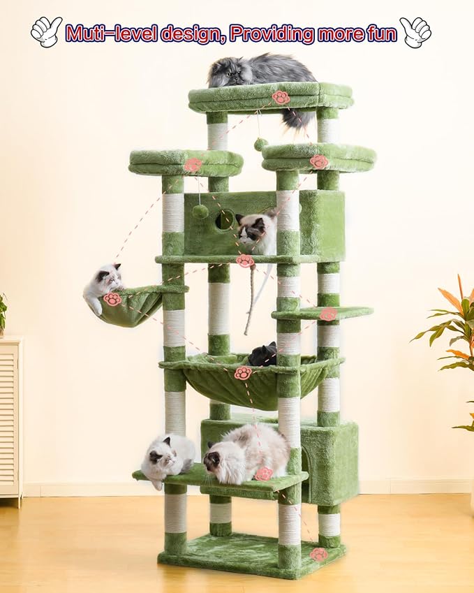 Cat Tree, 74" Tower for Large Cats, Big Condo Hammock CCT030GR | Heavy duty, 3 Big Platforms, 2 Baskets, 2 Condos, Multi-Level Scratching Posts, Indoor Cats Large Adult 20 lbs+, Green - Image 7