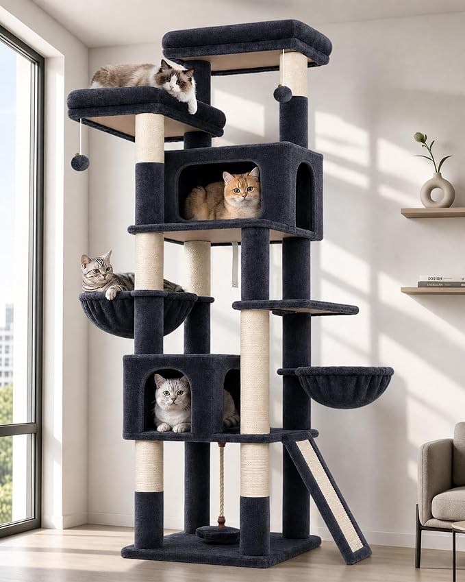 Globlazer 75in Tall Cat Tree Tower for Indoor Cats, F75B, Dark Grey | Large Cat Tree for Indoor Cats Large Adult, Multi-Level Cat Tower with 7 Scratching Posts, 2 Cat Condos, 2 Top Perches by Globlazer