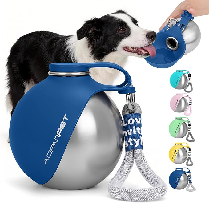 Portable Dog Water Bottle 10oz Stainless Steel Travel Dog Water Dispenser with Bowl No-Spill Puppy Water Bottle for Walking Hiking Small Dog Water Bottle (Sapphire Blue) by AOFANPET