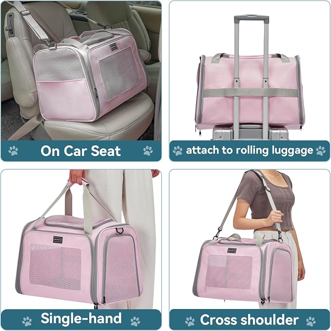 PETSFIT Cat Carrier for Large Cats, Dog Carriers for Small Dogs Under 25 Lbs, Soft Pet Carrier, Cat Crates for Indoor Cats with Cozy Extendable Mat (Large, Pink) - Image 2
