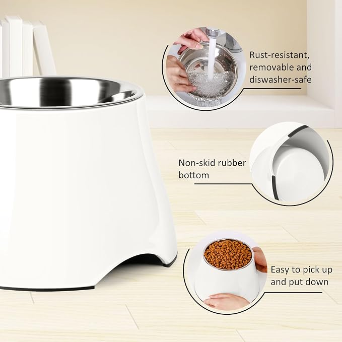 Dog Bowls,Cone Friendly Non Slip Single Dog Bowl with Stainless Steel Inner, Raised Bowls for Small Dogs Spaniel Dogs Long Ear, High Capacity, S/1 Cup White - Image 4