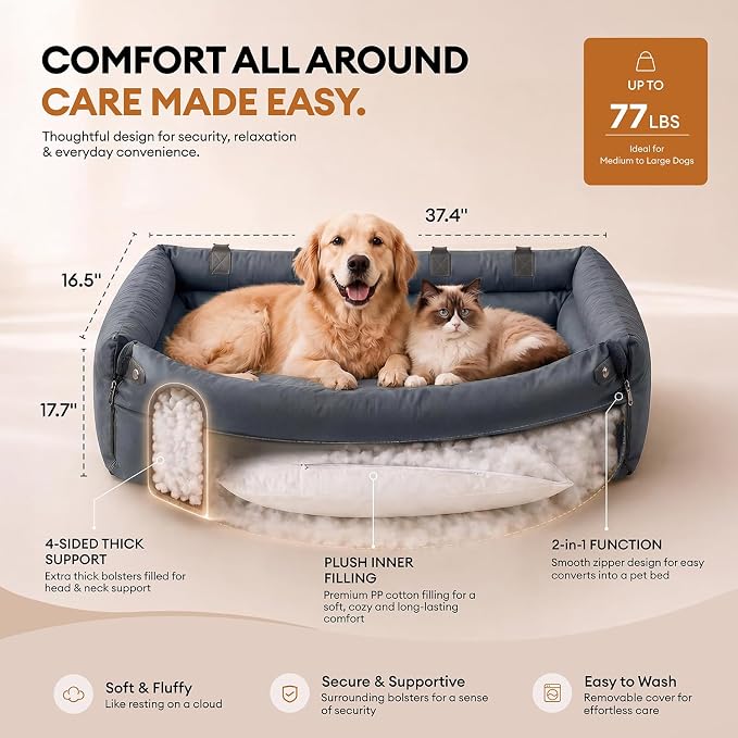 FUNNY FUZZY Leather Dog Car Seat for Large Size Dogs, Pet Booster Car Seats | Waterproof Car Seat with Safety Clip-On Leash, Soft Fabric Car Dog Bed Filling Memory Cotton, Washable Travel Pet Bed(Blue) - Image 6