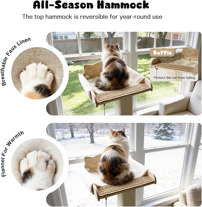 Solid Wood Cat Window Perch with 2 Jumping Platforms, Cat Hammock for Window with Scratching Post, Sisal Tall Cats Scratching Post with Large Perch, Wooden Cats Window Bed with 2 Suction Cups - Image 5