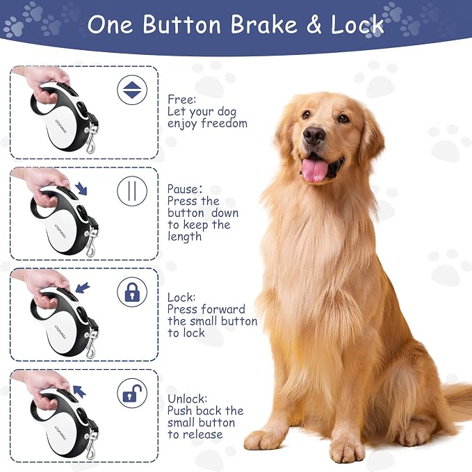 16Ft Retractable Dog Leash - for Small to Medium Dogs Up to 66lbs, Heavy Duty Retractable Leash with Light Rechargeable, Quick Lock Braking & Non-Slip Handle (White) - Image 4