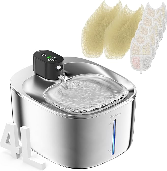Cat Water Fountain Stainless Steel,152oz/4L Wireless Pet Fountain Battery Operated,Quiet Filtered Pet Water Fountain,Automatic Water Bowl for Cats Dogs with Motion Sensor 5 Filters by APDAPETDOLA