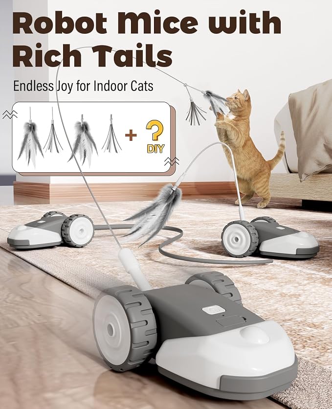 CYROS 3-in-1 Interactive Cat Toy - 2-Speed Automatic Moving Mouse Cat Toys Self Play with 2pcs Hanging Feather String Ribbon and Wiggly Silicone Mice Tail for Bored Indoor Adult Cats Kittens - Image 2