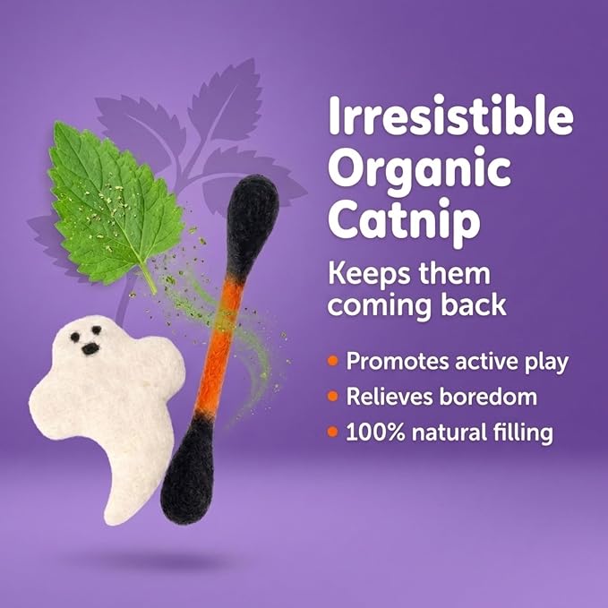 Glaciart One Halloween Cat Toys with Catnip – 7 Pack Felt Swab Cat Toys + Ghost Toy, Interactive Wool Cat Toys for Indoor Cats & Kittens, Handmade Natural Catnip Toys for Chase, Chew & Play - Image 3