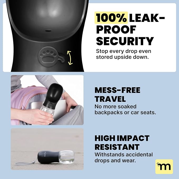 MalsiPree Dog Water Bottle - 19 Oz, Black, BPA-Free - Portable & Lightweight Water Dispenser with Bowl for Dogs - Leak-Proof for Travel, Trail Hiking, Park Visit, Camping & Beach Days - Image 3