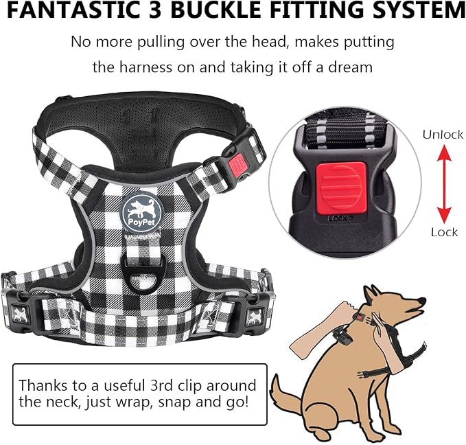 PoyPet Plaid Dog Harness Medium, No Pull Vest with Front Clip & Neck Buckle | Padded Handle, Reflective, No Choke, Lockable, 2 Leash Rings, Full Adjustable, for Training Walking, M, Grid - Image 2