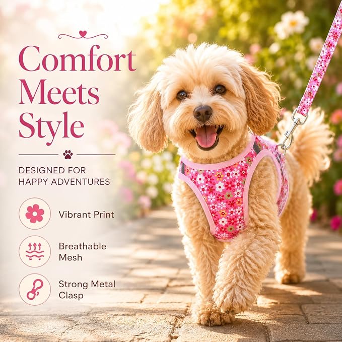 Step in Dog Harness Leash Set- All Weather Reflective No-Pull Floral Pattern Padded Mesh Vest Harness for Cats Puppy Extra-Small Small Medium Large Dogs - Pink Flower - M - Image 7
