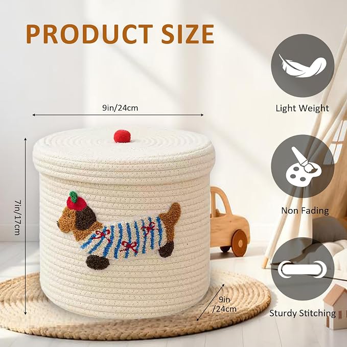 Cute Dog Cotton Rope Storage Basket with Lid, 10"×10"×9" Woven Storage Bin, Large Capacity Dustproof Toy Organizer, Decorative Laundry Hamper for Living Room, Nursery, Kids Room (Small) - Image 2