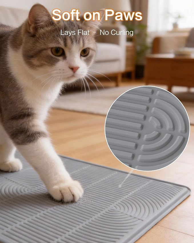 Extra Large Cat Litter Mat XL, 47" x 35", Silicone Waterproof | Traps litter, Easy to clean, Vacuum & wipe off, Waterproof backing, Non-slip design, Soft on paws - Image 4