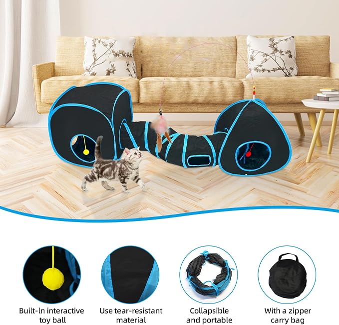 Cat Tunnels for Indoor Cats with Tent Cube and Feather Toy Collapsible Combo, Pop Up Cat Play Tunnel with Interactive Cat Toy Ball for Kitten, Ferret, Puppy, Guinea Pig, Rabbit, Bunny, Blue - Image 3
