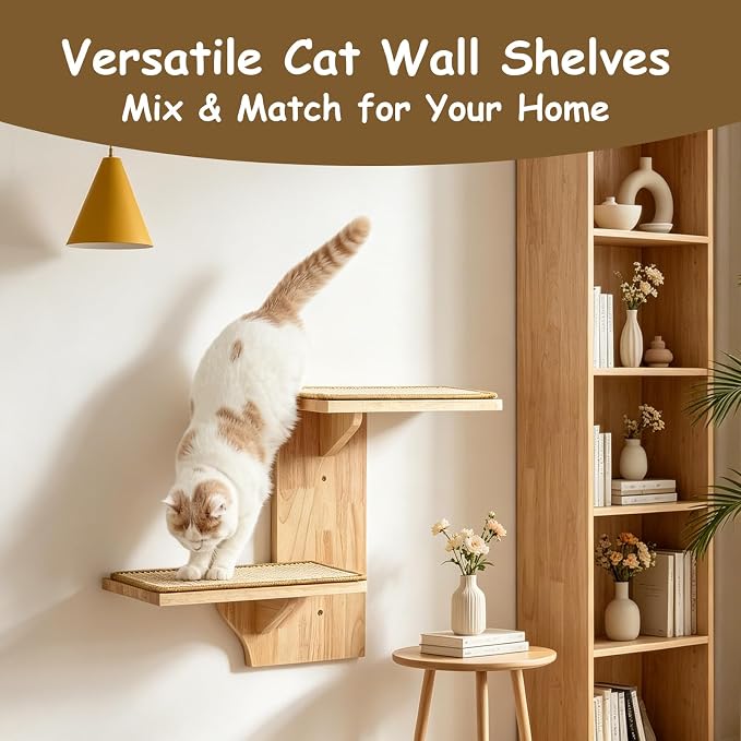 2-Tier Cat Wall Shelves, Wood Cat Wall Furniture with Sisal Mat | Sturdy and Stable Pine Wood Holds up to 30lbs | All Hardware for Easy Install | Ideal for Indoor Cats to Scratch, Play & Nap - Image 4