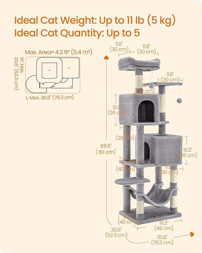 Feandrea Cat Tree, 59.5-Inch Tall Cat Tower, Plush Multi-Level Condo with 5 Scratching Posts, 2 Perches, 2 Caves, Hammock, 2 Pompoms, Light Gray UPCT192W01 - Image 5