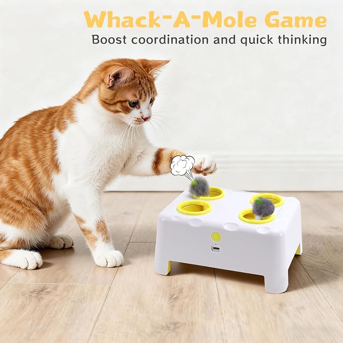 Interactive Cat Feather Toy Cheese Box 3in1 Whack a Mole | 3 Play Modes, Paw-Safe 4 Hole Whack-a-Mole, Anti-Slip Base, 4 Interchangeable Accessories, USB Rechargeable Auto Cat Toy - Image 6