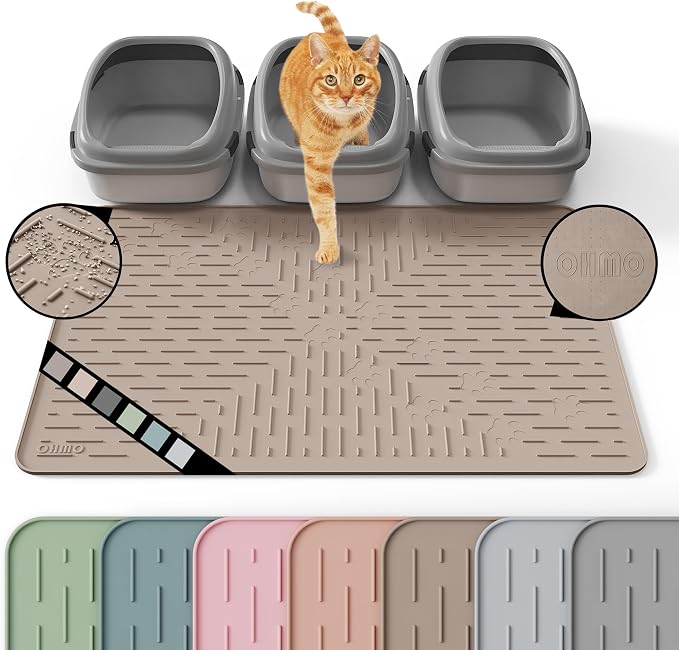 XL Cat Litter Mat, 37.5x25.2 Silicone Trapping Mat Beige | for Kitty Litter Box, Easy Clean, BPA Free Rubber, Center Litter Collection, Easy Pour-Back, Waterproof, Odor-Resistant by OHMO