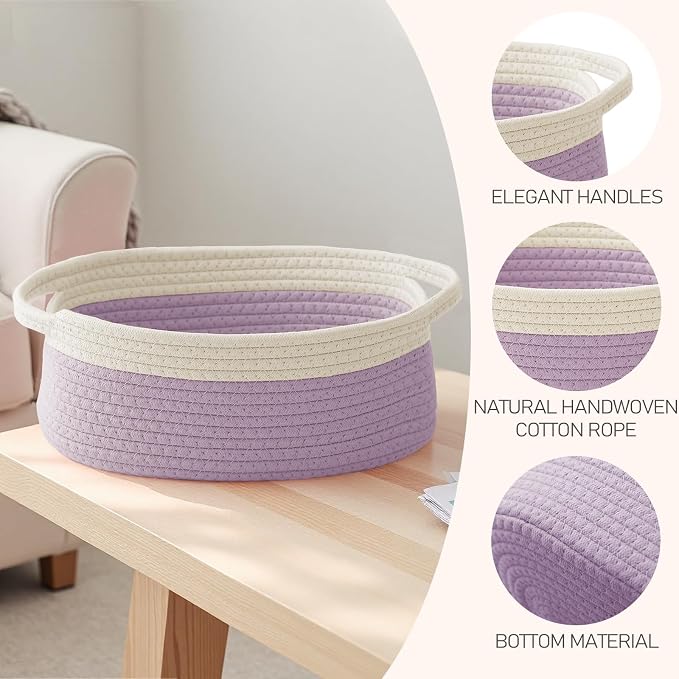 JMvicyroam Small Woven Basket, Empty Gift Basket, White&Purple/1 Pack | Small Gift Basket, Cotton Rope, 12 x 8 x 54 in, Handles, Includes Ribbon and Bag, Birthday Gift Basket - Image 3