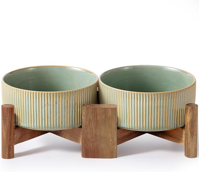 Getstar Ceramic Dog Bowls Set with Acacia Wood Stand, 3.5 Cups Pet Bowls Set of 2 for Medium Dogs, Cute Dog Food Bowl, Cat Bowls by Getstar