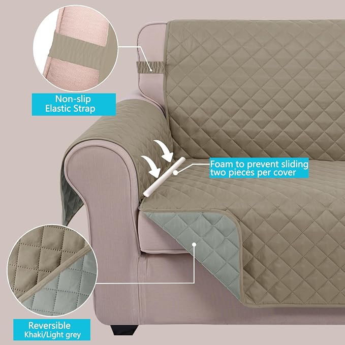 U-NICE HOME Reversible Sofa Cover Couch Cover for Dogs, Khaki/Light Grey | 68''Sofa Mat Washable, Pet Friendly, Elastic Straps, Water Repellent, Furniture Protector for 3 Cushion Couch - Image 4