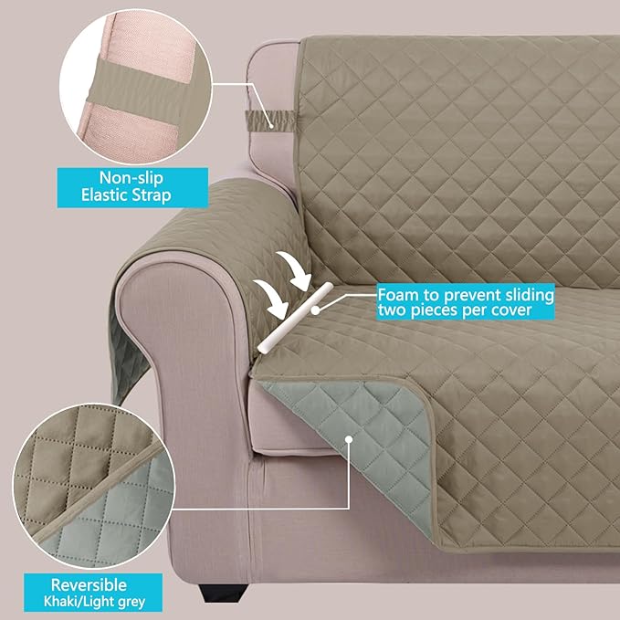 U-NICE HOME Reversible Recliner Chair Covers, Khaki/Light Grey | 28''Recliner Cover for dogs Washable, Pet Friendly, Elastic Straps, Water Repellent, Diamond Quilted - Image 4