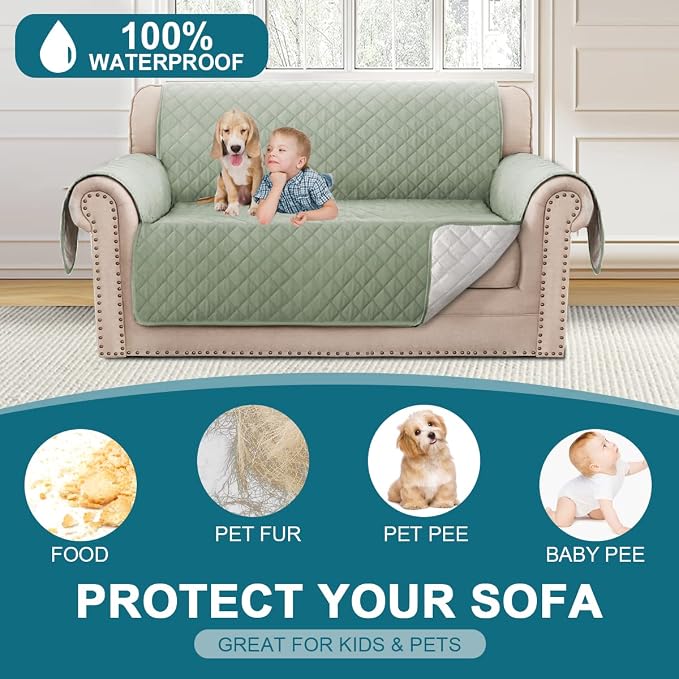 Turquoize 100% Waterproof Couch Cover Sofa Covers for 2 Cushion Couch Loveseat Covers Triple Non-Slip Couch Cover for Dogs Washable Furniture Protector Cover for Pets, Kids,Dog (Loveseat 54", Sage) - Image 2