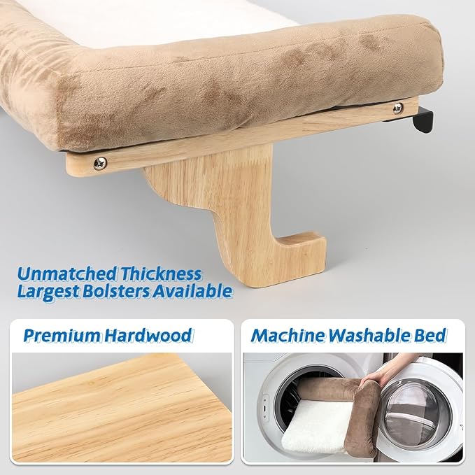 Zakkart Cat Perch for Window Sill with Bolster - Orthopedic Hammock Design with Premium Hardwood & Robust Metal Frame - Cat Window Seat for Large Cats and Kittens - Natural Color Wood Brown Bed, 24''W - Image 7